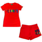 Womens Red Multicolor Lyfestyle Short Set