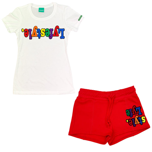 Womens Red Multicolor Lyfestyle Short Set